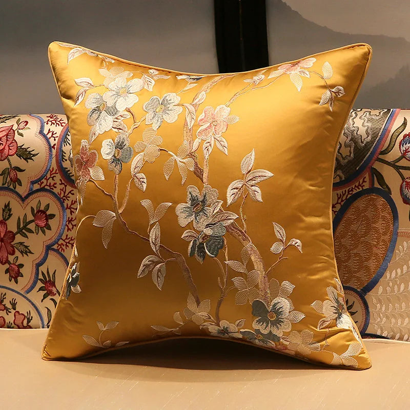 Chinese Style Rose Pattern Silk Cushion Cover Chinese Style Coffee Lack Blue Pillowcases Luxury Birds Flowers Pillow Cover